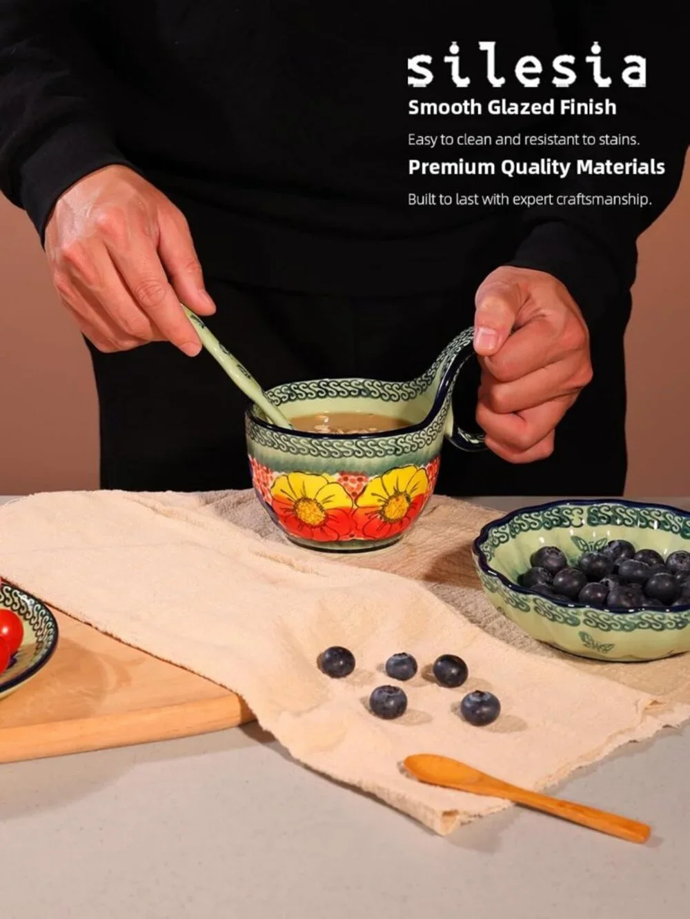 Handmade Ceramic Soup Bowl Set with Loop Handle, Spoon & Plate - Microwave Safe